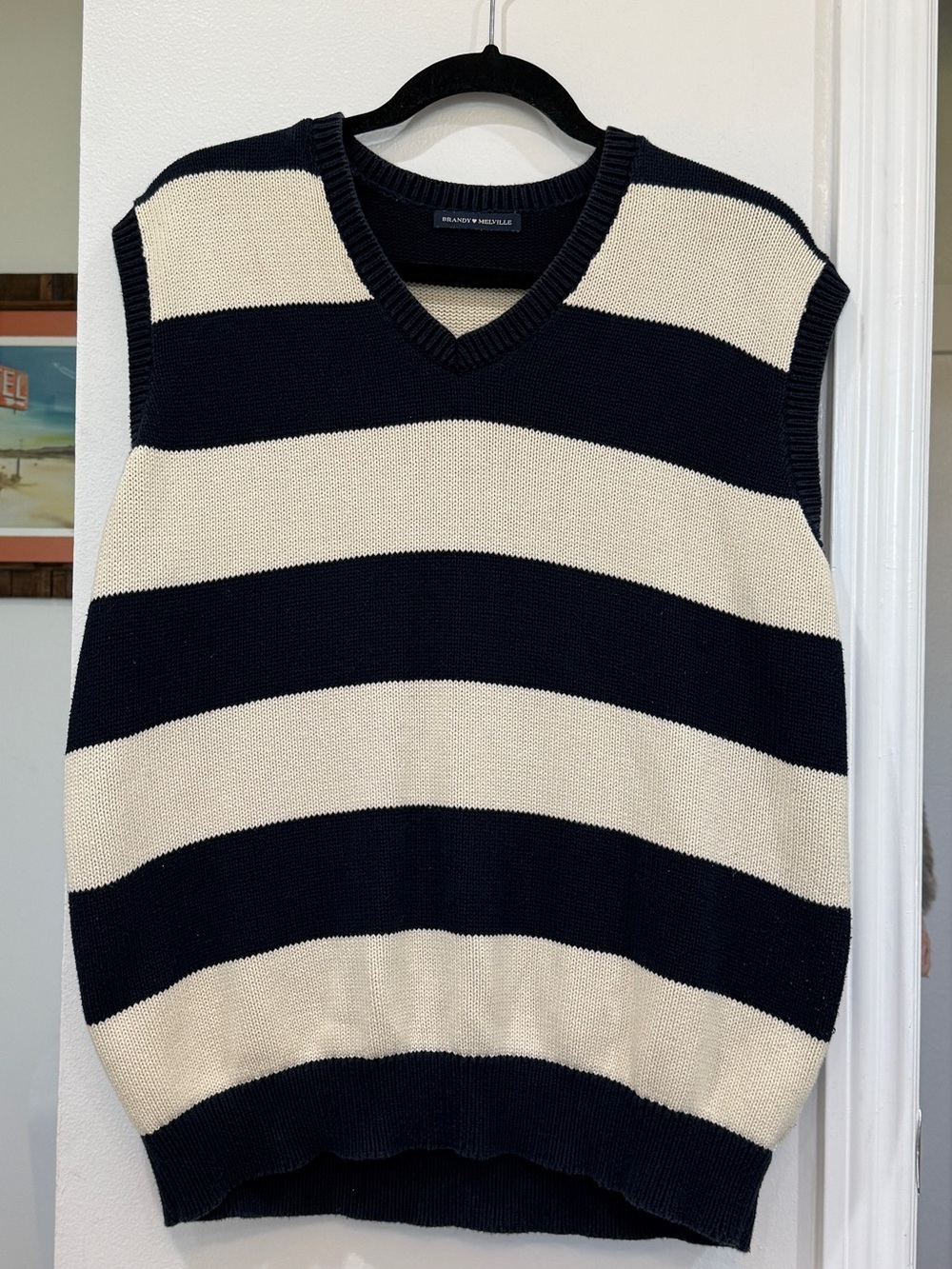 Brandy Melville Navy and Cream Striped V-Neck Sweater Vest